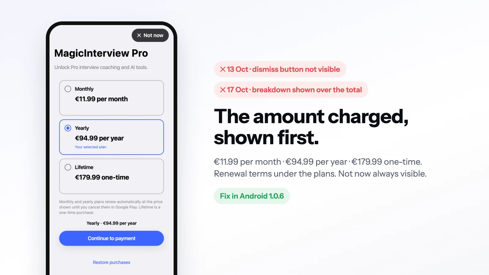 The Android Pro screen showing each plan's full price: €11.99 per month, €94.99 per year and €179.99 one-time, beside the two rejection reasons.