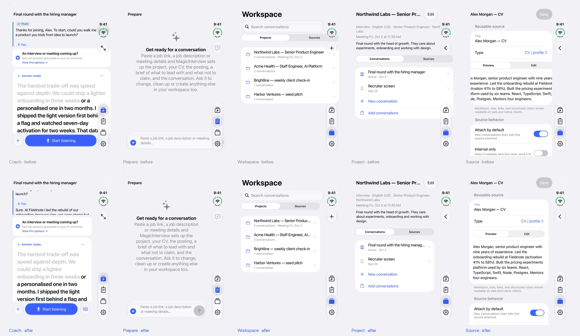 Five MagicInterview screens on the iPhone Duo outer display. In the top row, content runs under the side status bar and tab bar. In the bottom row, the content sits clear of them.