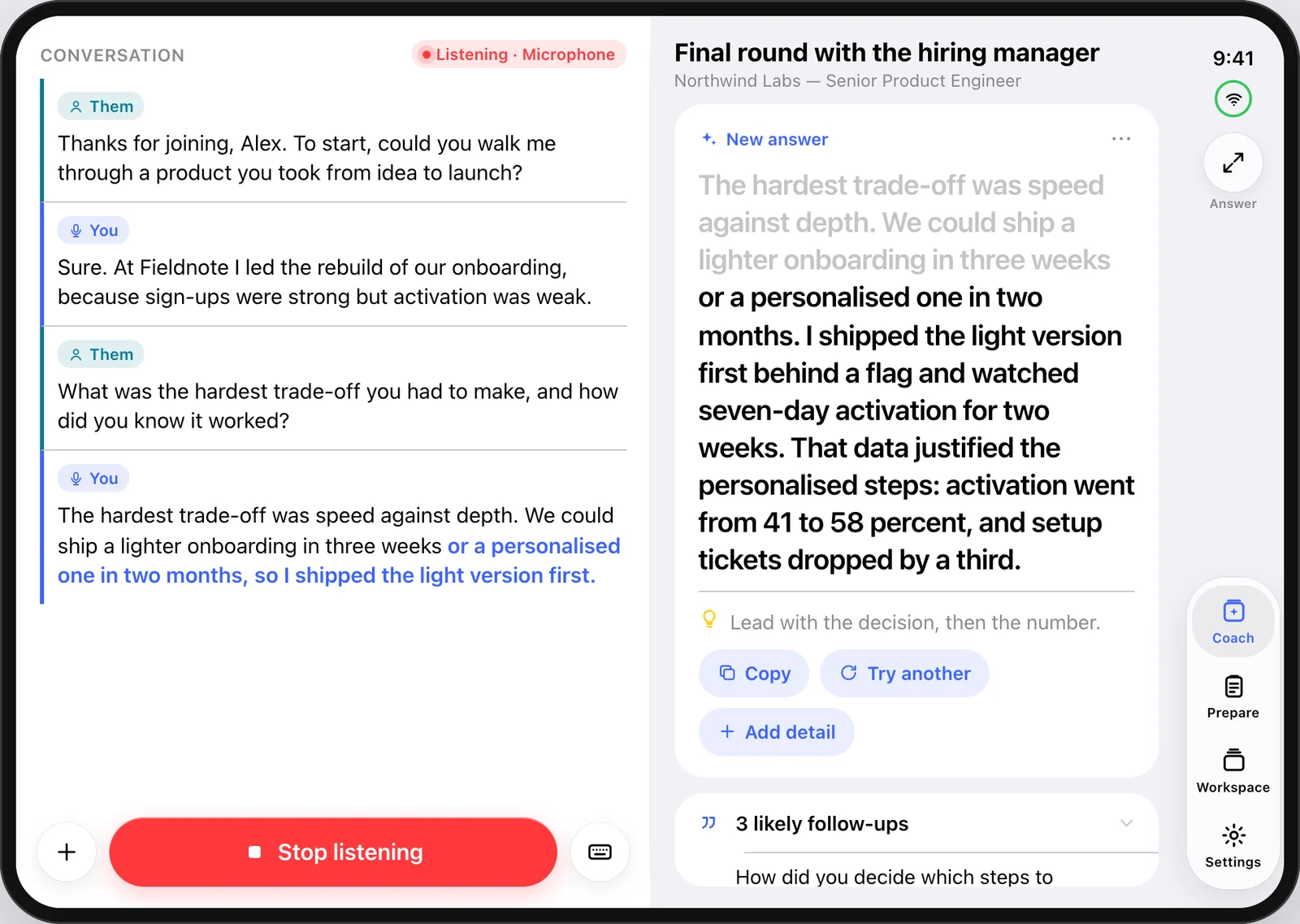 Mock-up of MagicInterview Coach on the open iPhone Duo display: the conversation on the left, the answer on the right, meeting at the fold, with the tab bar down the right edge.