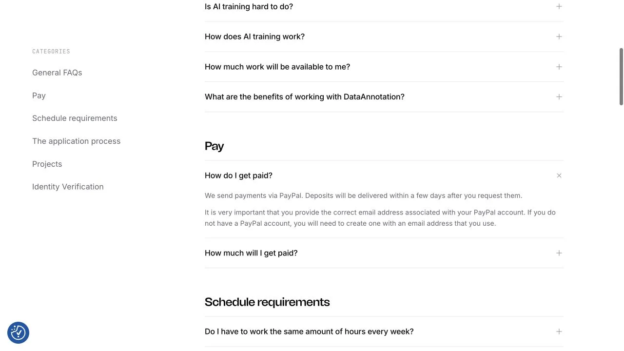 DataAnnotation's expanded payment FAQ explaining PayPal withdrawals and the importance of using the correct PayPal email address.