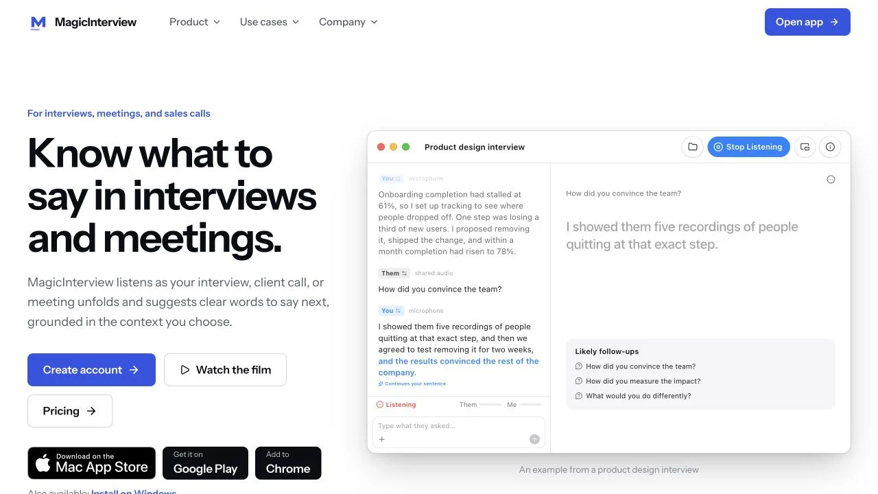 MagicInterview's public live-helper demonstration showing a conversation transcript beside the answer to say during a product-design interview.