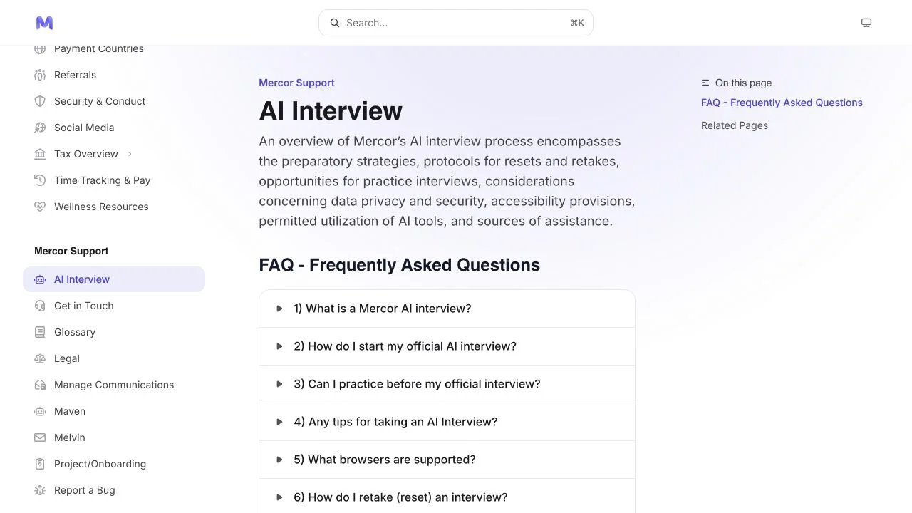 Mercor's public AI Interview help page, with navigation to assessment, payment and interview support documentation.