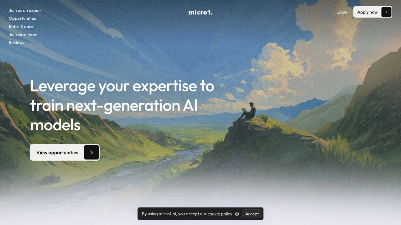 micro1's public expert page showing its View opportunities entry point and invitation to use existing expertise to train AI models.