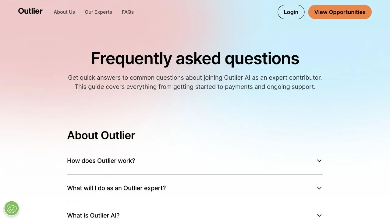 Outlier's public FAQ explaining how freelance experts contribute to AI projects and where to find opportunities.