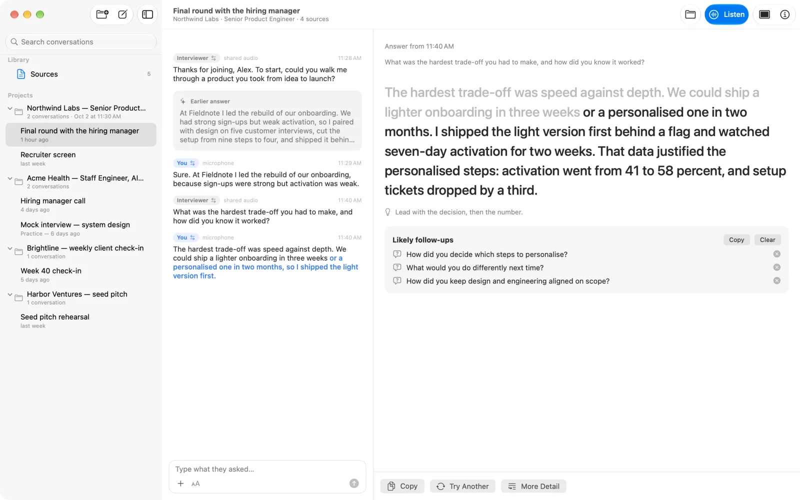 Your words in the transcript with a suggested continuation in blue