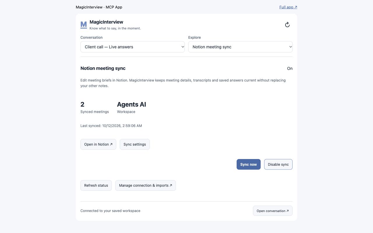 MagicInterview connected-assistant view showing Notion meeting sync controls