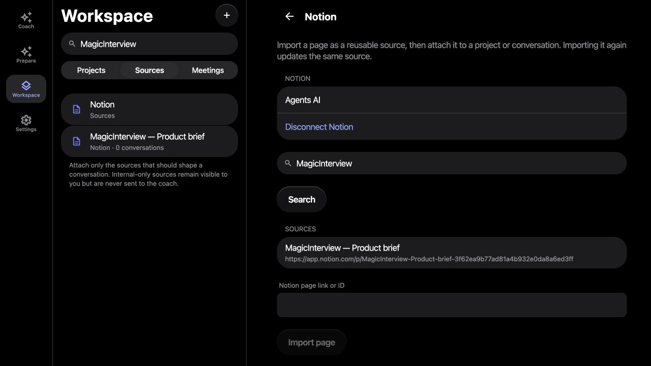 Notion page search and reusable imported source in MagicInterview